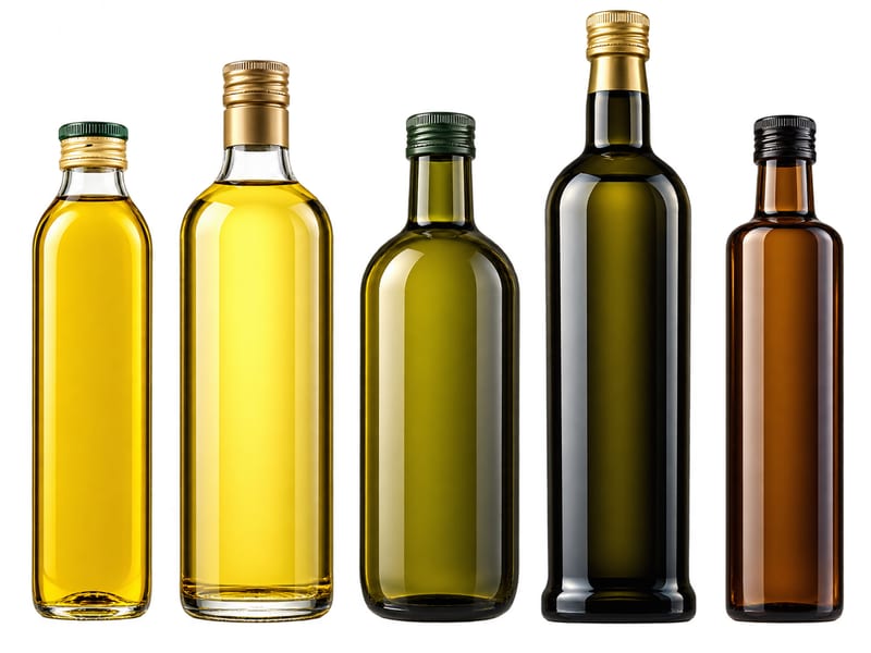 Five olive oil bottles, from pale gold to dark amber